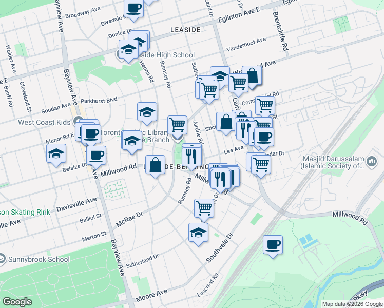 map of restaurants, bars, coffee shops, grocery stores, and more near 105 Rumsey Road in Toronto