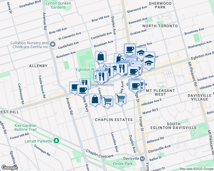 map of restaurants, bars, coffee shops, grocery stores, and more near in Toronto