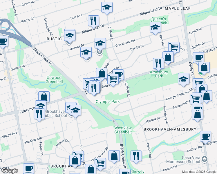 map of restaurants, bars, coffee shops, grocery stores, and more near in Toronto