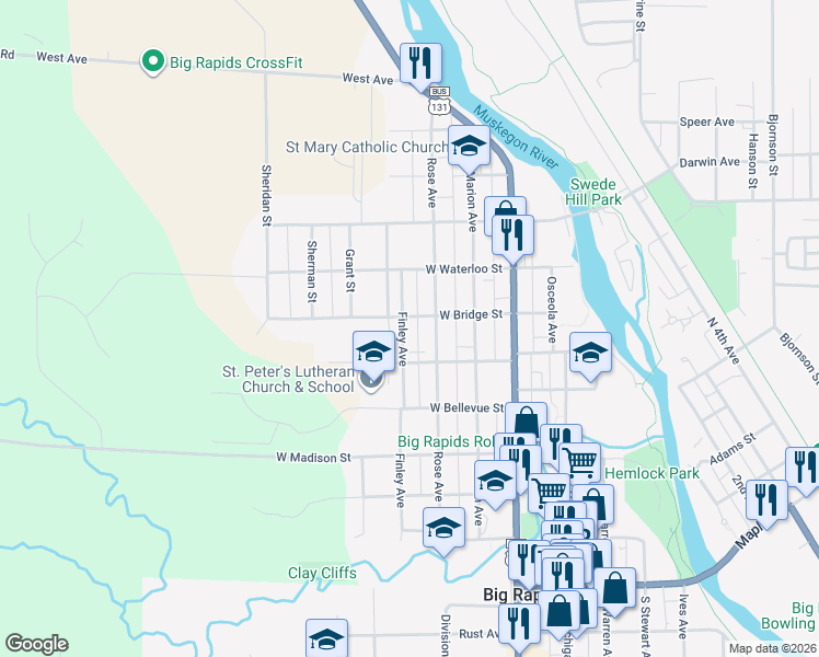 map of restaurants, bars, coffee shops, grocery stores, and more near 317 West Bridge Street in Big Rapids