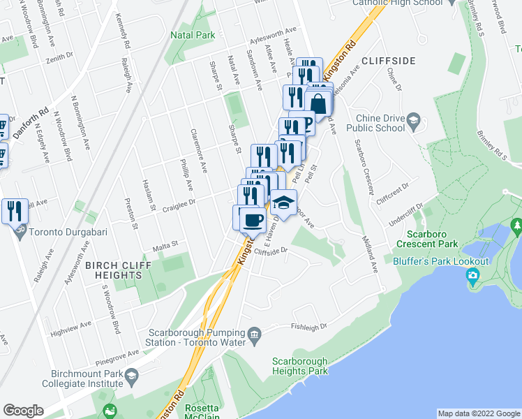 map of restaurants, bars, coffee shops, grocery stores, and more near 2294 Kingston Road in Toronto