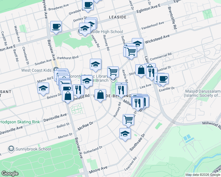 map of restaurants, bars, coffee shops, grocery stores, and more near 163 McRae Drive in Toronto