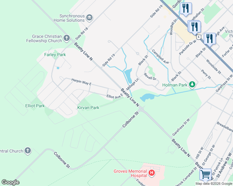 map of restaurants, bars, coffee shops, grocery stores, and more near 216 Harpin Way East in Fergus