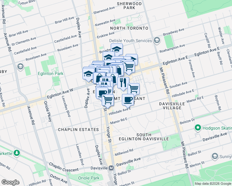 map of restaurants, bars, coffee shops, grocery stores, and more near 40 Holly Street in Toronto
