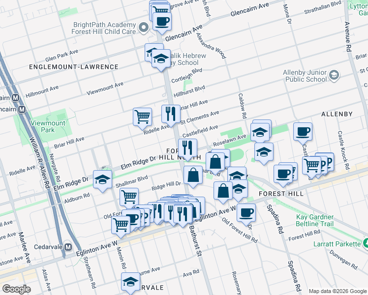 map of restaurants, bars, coffee shops, grocery stores, and more near 2515 Bathurst Street in Toronto