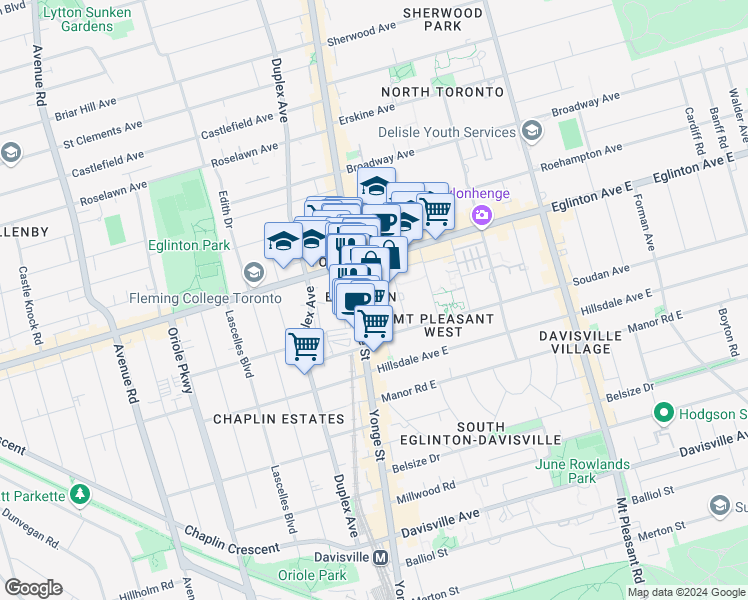 map of restaurants, bars, coffee shops, grocery stores, and more near 2181 Cowbell Lane in Toronto