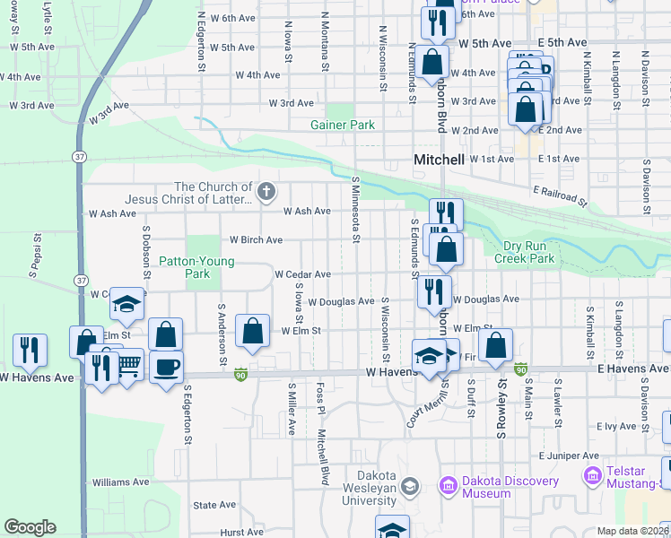 map of restaurants, bars, coffee shops, grocery stores, and more near 800-818 West Cedar Avenue in Mitchell