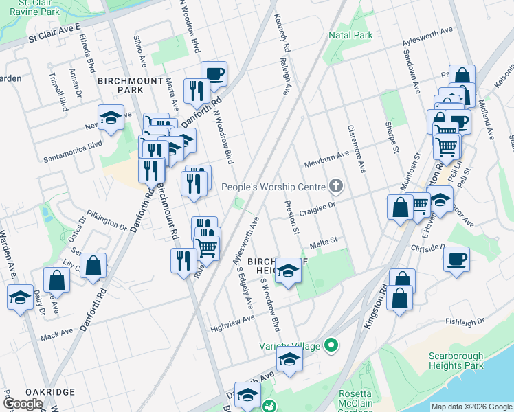 map of restaurants, bars, coffee shops, grocery stores, and more near in Toronto