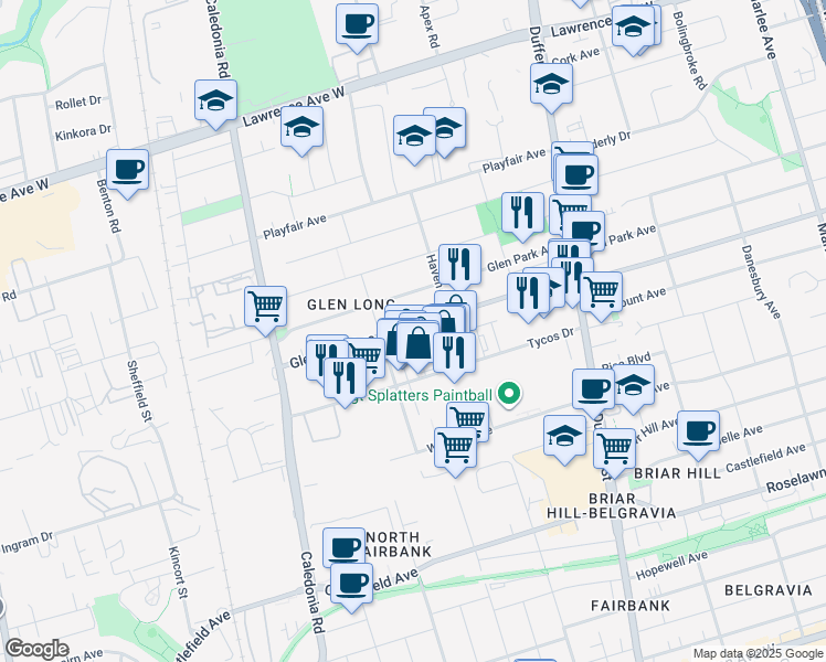 map of restaurants, bars, coffee shops, grocery stores, and more near 1141 Glencairn Avenue in Toronto