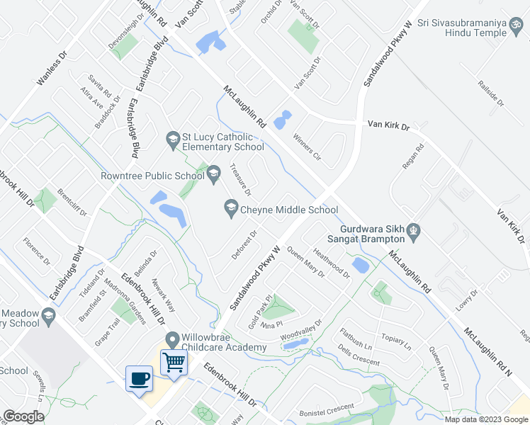 map of restaurants, bars, coffee shops, grocery stores, and more near 10 Charleswood Circle in Brampton