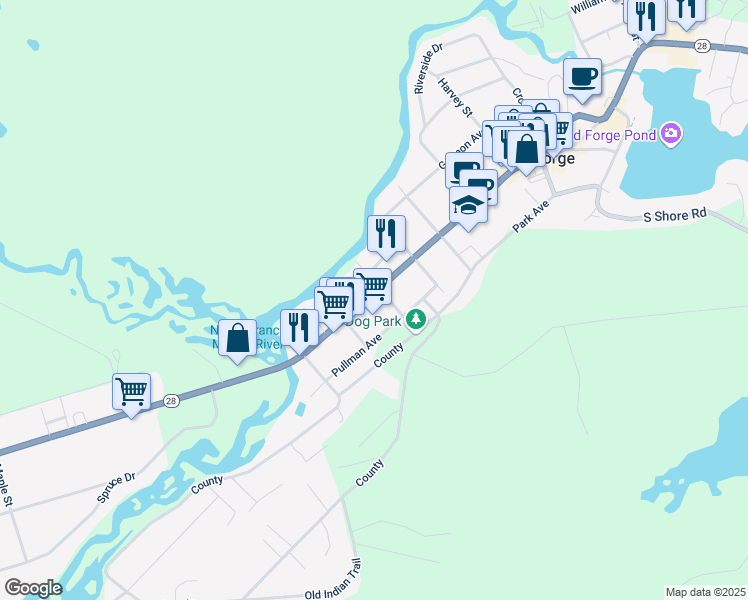 map of restaurants, bars, coffee shops, grocery stores, and more near 2942 New York 28 in Old Forge