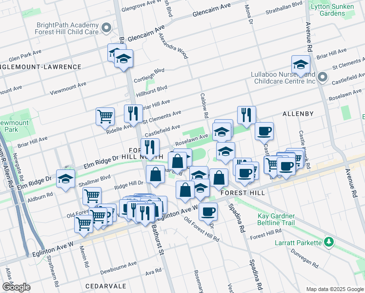 map of restaurants, bars, coffee shops, grocery stores, and more near 625 Roselawn Avenue in Toronto