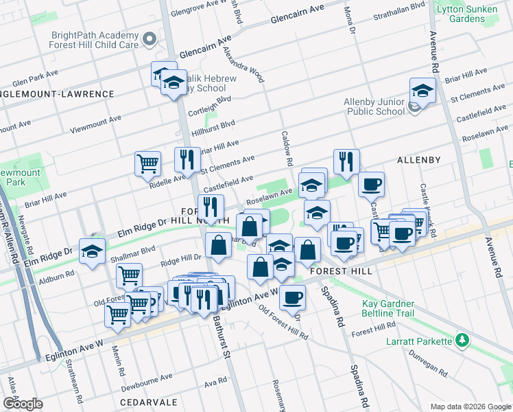 map of restaurants, bars, coffee shops, grocery stores, and more near 625 Roselawn Avenue in Toronto