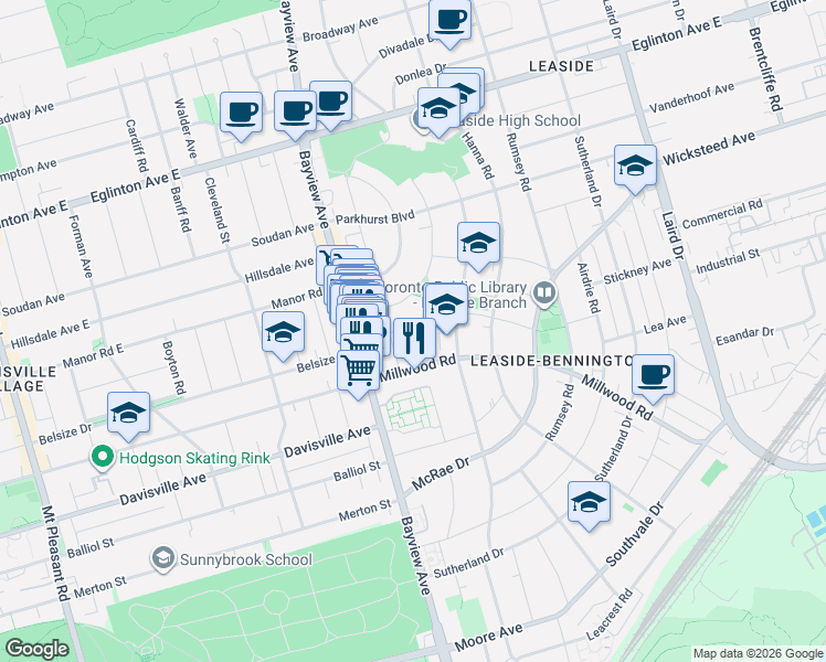 map of restaurants, bars, coffee shops, grocery stores, and more near in Toronto