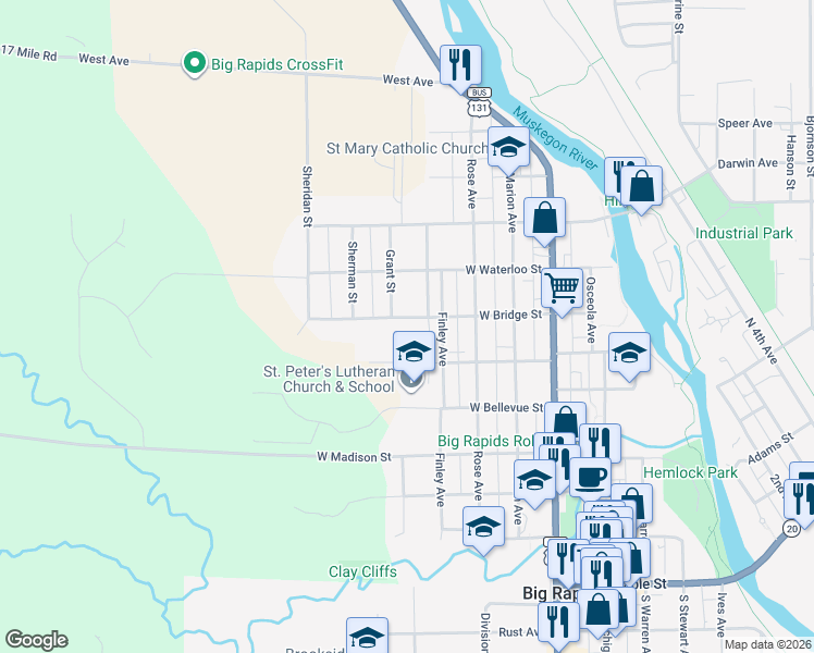 map of restaurants, bars, coffee shops, grocery stores, and more near 403 West Bridge Street in Big Rapids