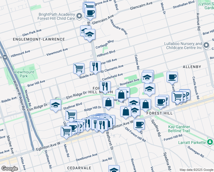 map of restaurants, bars, coffee shops, grocery stores, and more near 680 Roselawn Avenue in Toronto