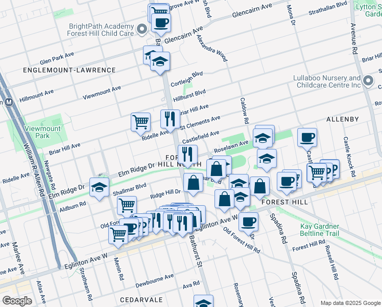 map of restaurants, bars, coffee shops, grocery stores, and more near 680 Roselawn Avenue in Toronto