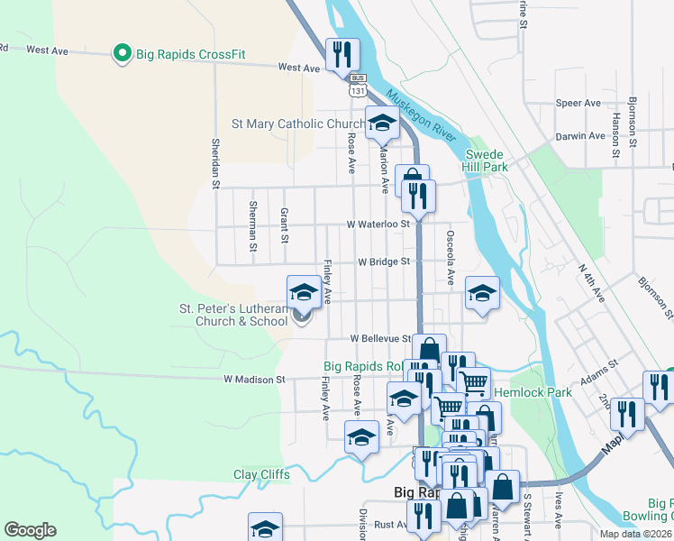 map of restaurants, bars, coffee shops, grocery stores, and more near 317 West Bridge Street in Big Rapids