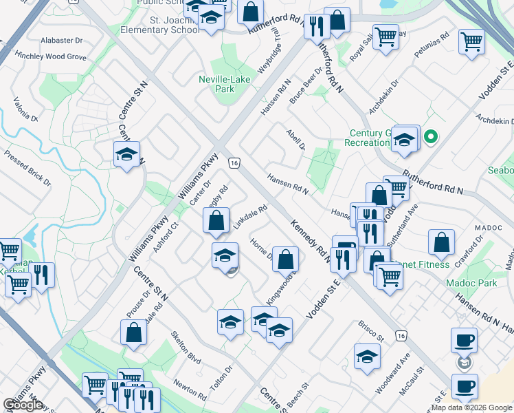 map of restaurants, bars, coffee shops, grocery stores, and more near 10 Linkdale Road in Brampton