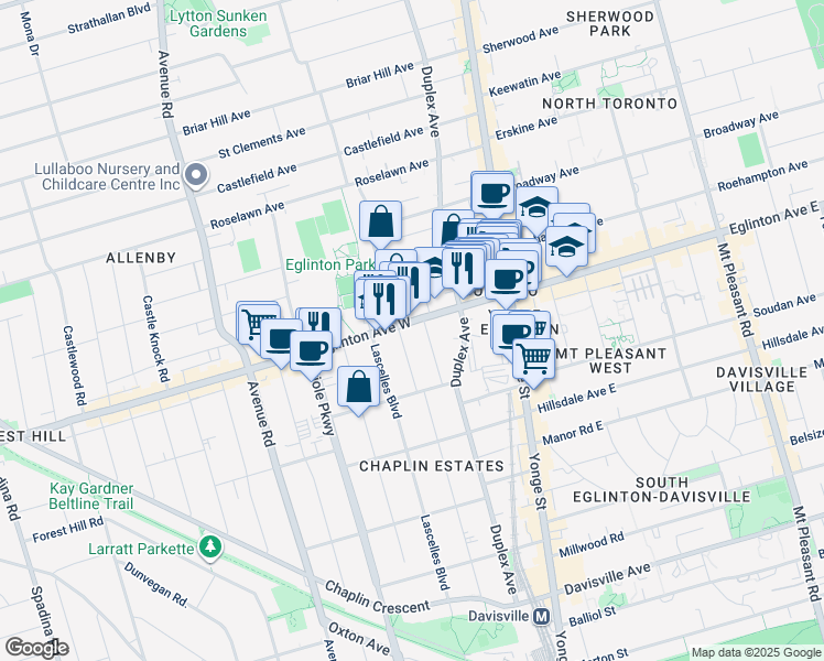 map of restaurants, bars, coffee shops, grocery stores, and more near 115 Eglinton Avenue West in Toronto