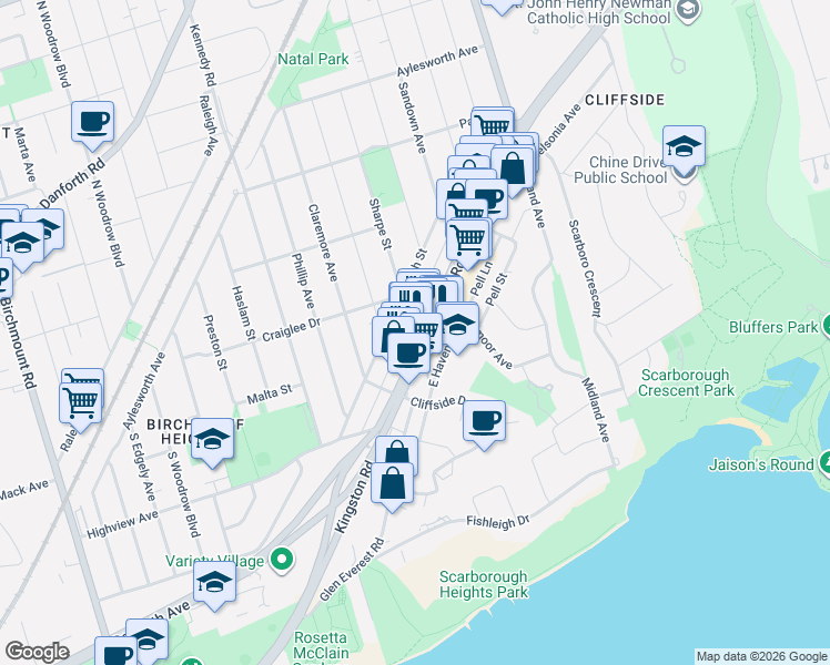 map of restaurants, bars, coffee shops, grocery stores, and more near 2294 Kingston Road in Toronto