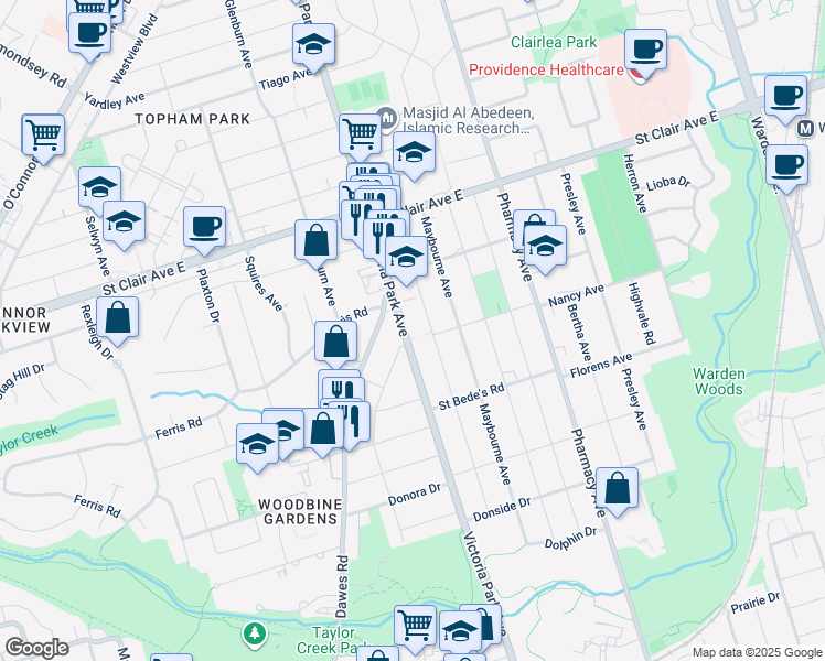 map of restaurants, bars, coffee shops, grocery stores, and more near in Toronto