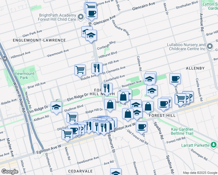 map of restaurants, bars, coffee shops, grocery stores, and more near in Toronto