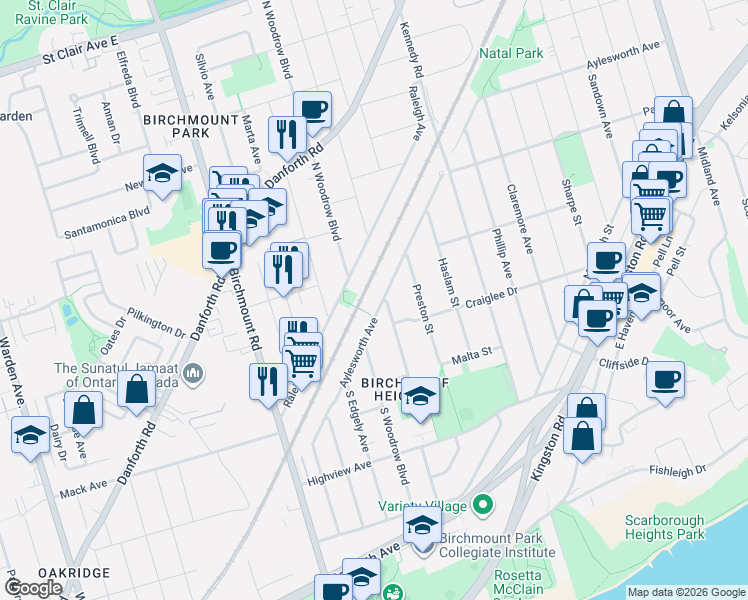 map of restaurants, bars, coffee shops, grocery stores, and more near 282B Aylesworth Avenue in Toronto