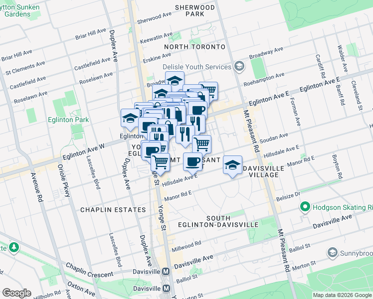 map of restaurants, bars, coffee shops, grocery stores, and more near 44 Dunfield Avenue in Toronto