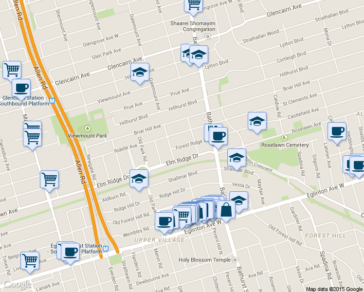map of restaurants, bars, coffee shops, grocery stores, and more near 28 Forest Ridge Drive in Toronto