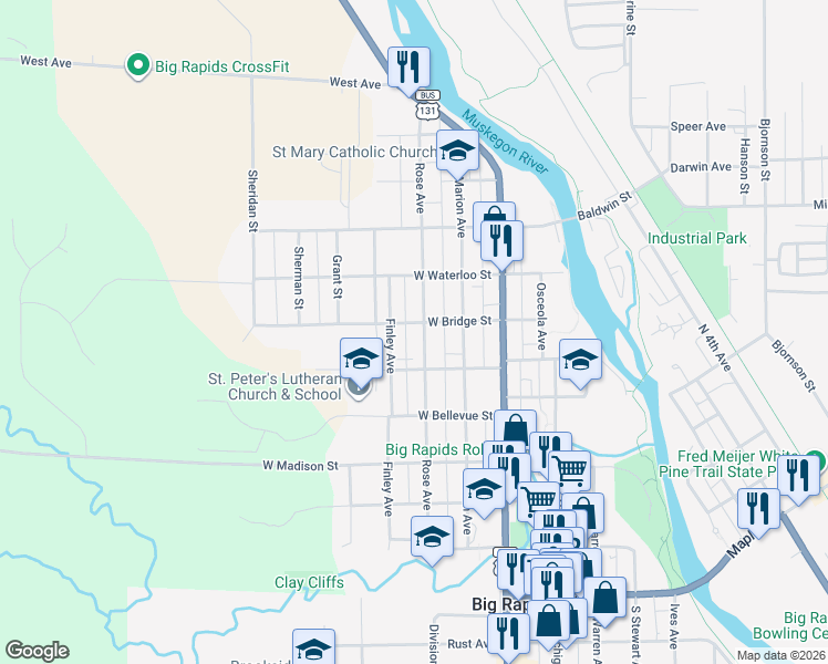 map of restaurants, bars, coffee shops, grocery stores, and more near 317 West Bridge Street in Big Rapids