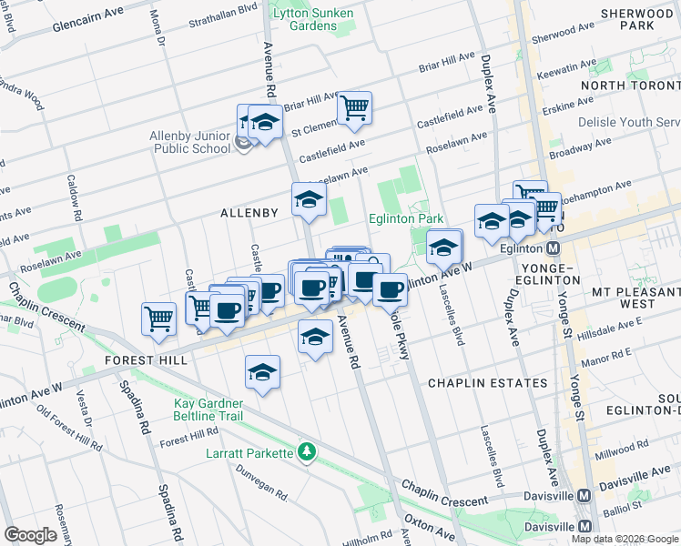 map of restaurants, bars, coffee shops, grocery stores, and more near 34 Burnaby Boulevard in Toronto