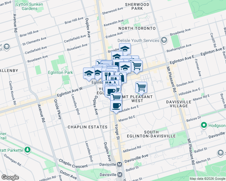map of restaurants, bars, coffee shops, grocery stores, and more near 2201 Yonge Street in Toronto