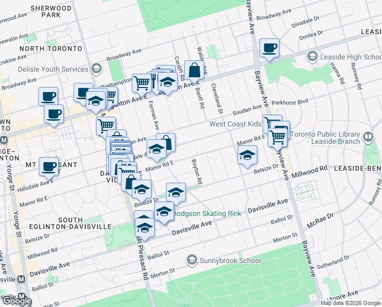 map of restaurants, bars, coffee shops, grocery stores, and more near in Toronto