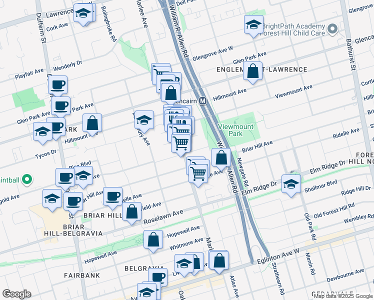 map of restaurants, bars, coffee shops, grocery stores, and more near 245 Marlee Avenue in Toronto