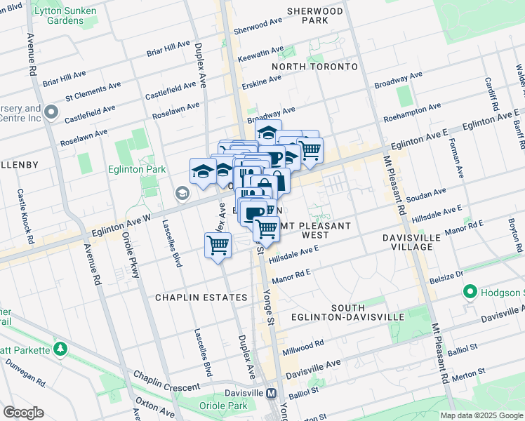 map of restaurants, bars, coffee shops, grocery stores, and more near 2189 Yonge Street in Toronto