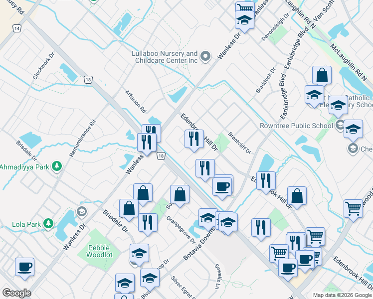 map of restaurants, bars, coffee shops, grocery stores, and more near 30 Earl Grey Crescent in Brampton