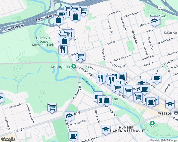 map of restaurants, bars, coffee shops, grocery stores, and more near in Toronto