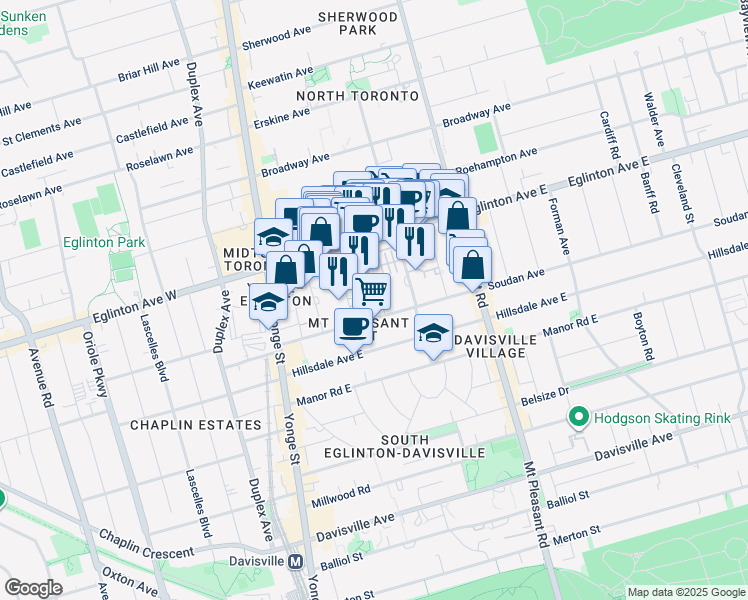 map of restaurants, bars, coffee shops, grocery stores, and more near 44 Lillian Street in Toronto