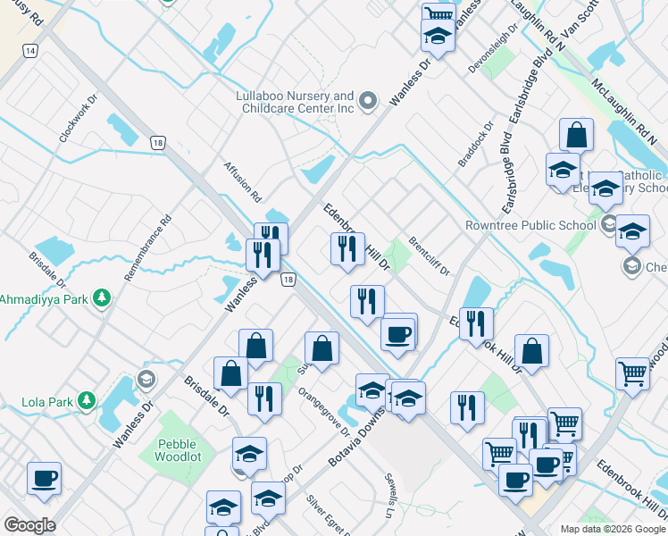 map of restaurants, bars, coffee shops, grocery stores, and more near 30 Earl Grey Crescent in Brampton