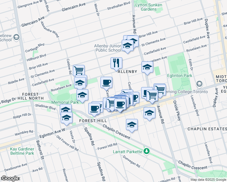 map of restaurants, bars, coffee shops, grocery stores, and more near 90 Heddington Avenue in Toronto