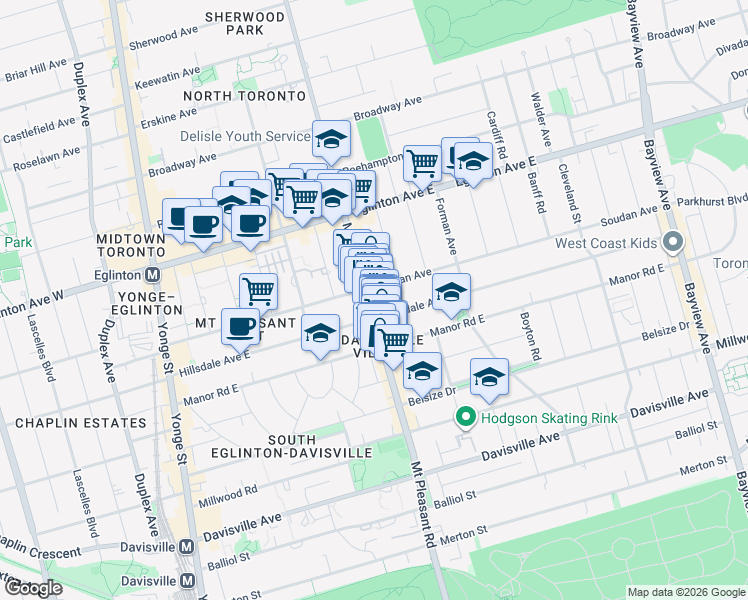 map of restaurants, bars, coffee shops, grocery stores, and more near 679 Mount Pleasant Road in Toronto