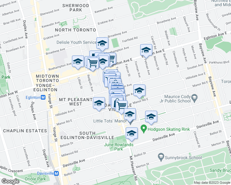 map of restaurants, bars, coffee shops, grocery stores, and more near 679 Mount Pleasant Road in Toronto