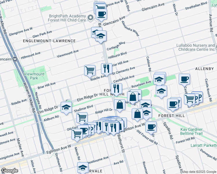 map of restaurants, bars, coffee shops, grocery stores, and more near in Toronto