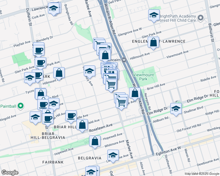 map of restaurants, bars, coffee shops, grocery stores, and more near in Toronto