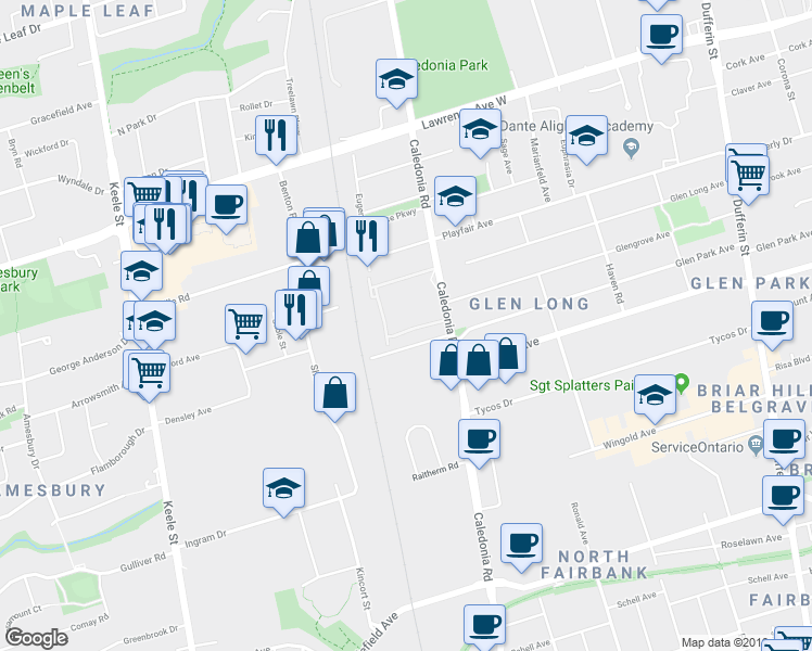 map of restaurants, bars, coffee shops, grocery stores, and more near in Toronto