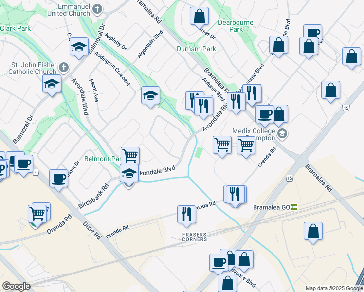 map of restaurants, bars, coffee shops, grocery stores, and more near 73 Avondale Boulevard in Brampton