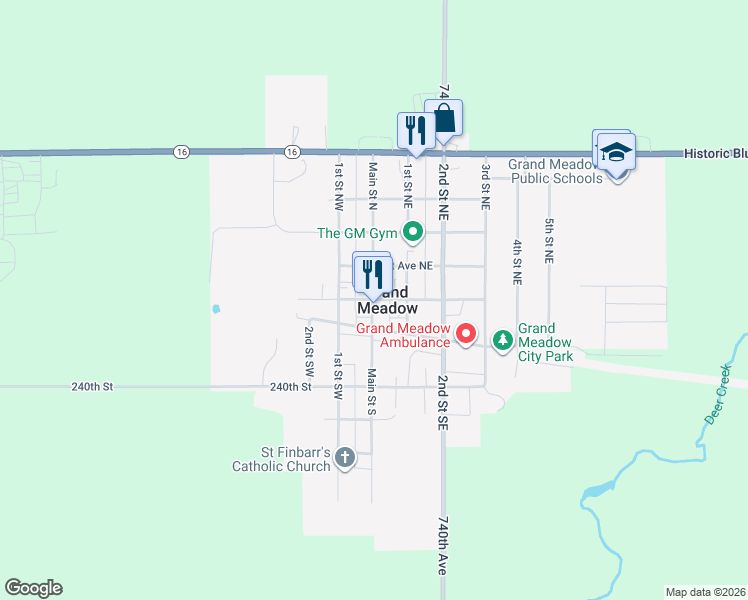 map of restaurants, bars, coffee shops, grocery stores, and more near in Grand Meadow