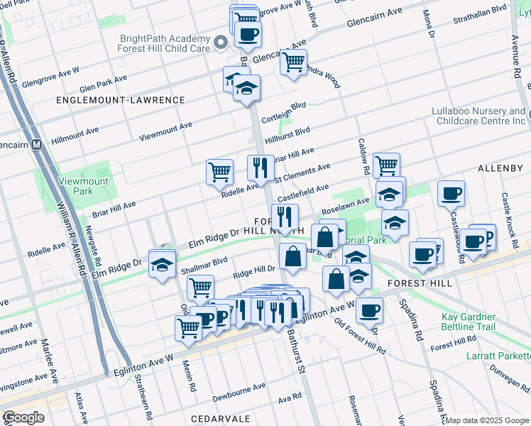 map of restaurants, bars, coffee shops, grocery stores, and more near 2500 Bathurst Street in Toronto