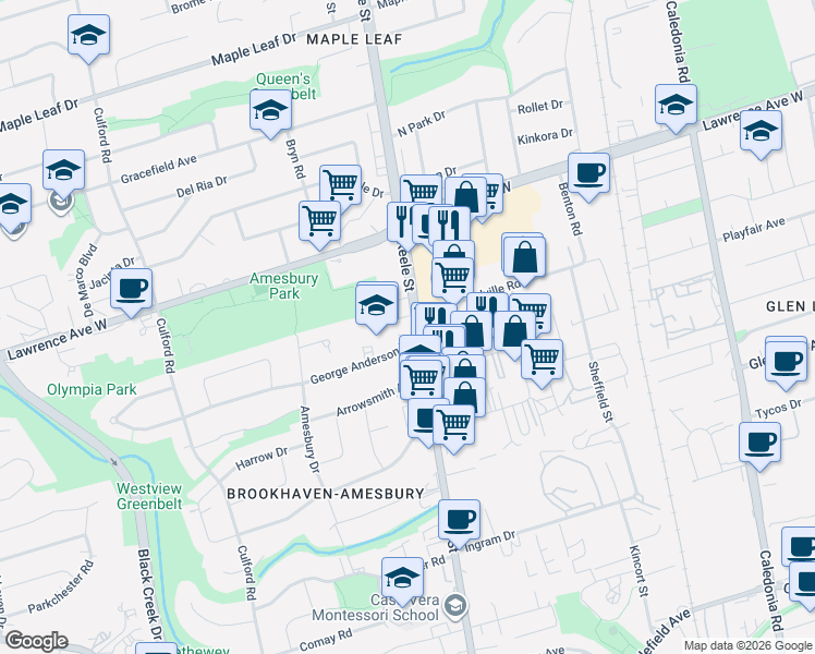 map of restaurants, bars, coffee shops, grocery stores, and more near 2360 Keele Street in Toronto